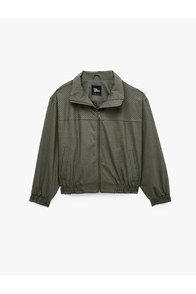 Koton Regular Fit High Collar Long Sleeve Plaid Jacket with Zipper Pockets
