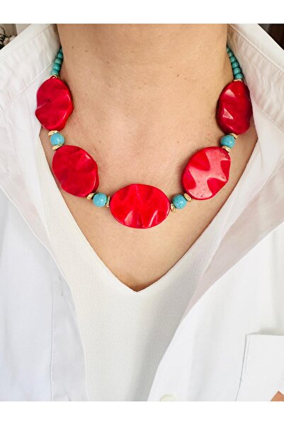 DEVİ fashion Red Coral Oval Cut 46 cm Necklace