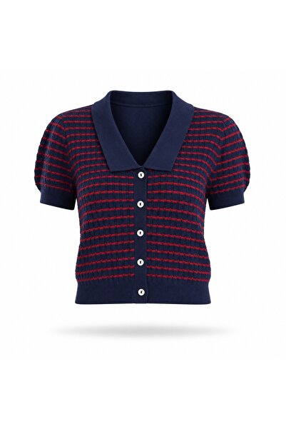 5in1Canpolat Navy Blue Short Sleeve Knitwear Cardigan 5355