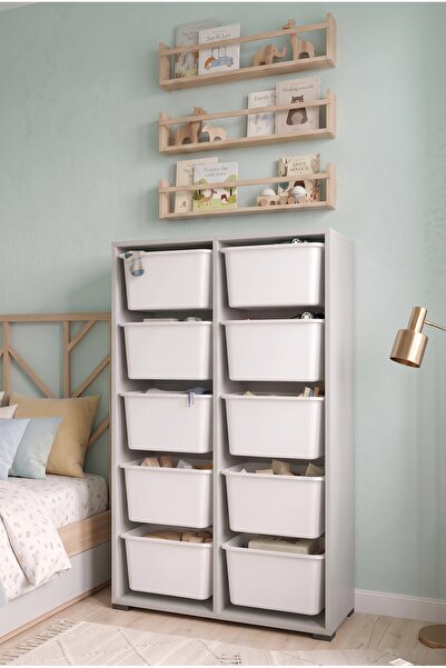 decosense 10 Adet Büyük Çekmeceli 136 cm Gri Çocuk Odası Oyuncak Dolabı ve Ço...