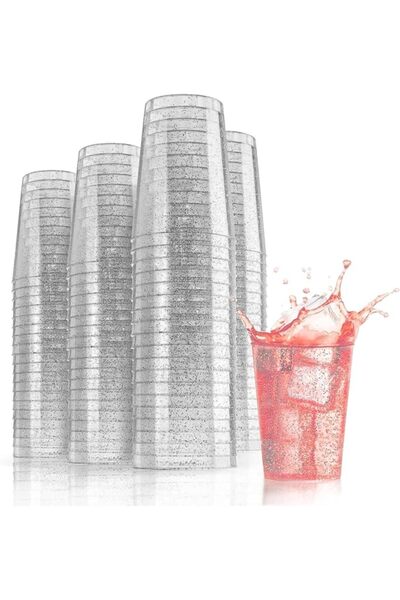 GENERAL 25Pcs 10oz Silver Glitter Clear Plastic Cups, Disposable Hard Glitter...