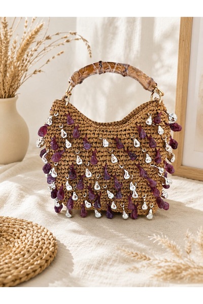 Nafta Knitted Fabric, Bamboo Handle, Purple, Silver Bead Detail, Bohemian Des...
