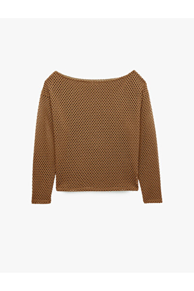 Koton Textured Mesh Long Sleeve Boat Neck Oversized Blouse