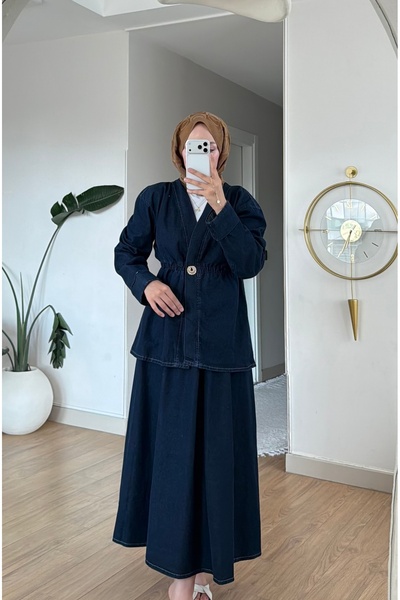 Colomer Women's Kimono Jeans Suit with Brooch Detail and Elastic Waist Skirt
