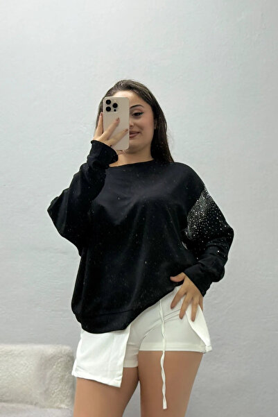 BELENDİR Women's Sleeves Stone Detail Modal Sweat Black