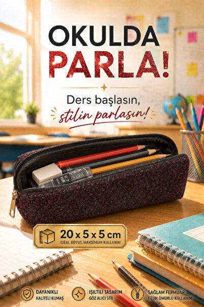 MAKE BAG RUBY SİYAH- KIRMIZI SİM DETAYLI PARLAK OKUL KALEMLİĞİ