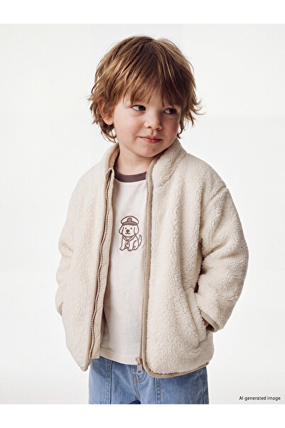 LC Waikiki Beige Stand Collar Plush Baby Boy Cardigan