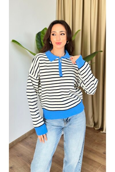 LOKADI Women's Striped Zippered Polo Collar Oversize Knitwear Sweater