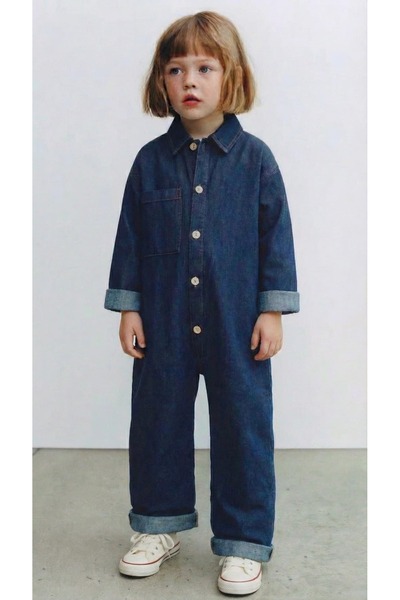 NUEM Kız ve Erkek Çocuk Denim Tulum / Uzun Kollu, Cepli Lacivert
