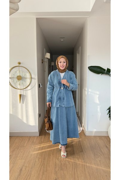 Colomer Women's Kimono Jeans Suit with Brooch Detail and Elastic Waist Skirt