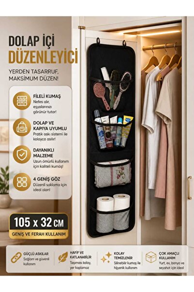 UYDEE Dolap İçi Düzenleyici 4 Gözlü Fileli Kumaş Organizer Kapı Arkası Askılı...