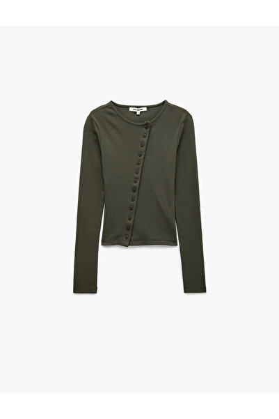Koton Slim Fit Cotton Crew Neck Asymmetrical Buttoned Long Sleeve T-Shirt