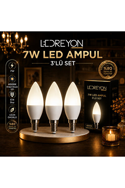 LEDREYON 3 Adet 7W Buji Led Ampul E-14 Duy Buji Mum Ampul Doğal Beyaz Işık 4000K