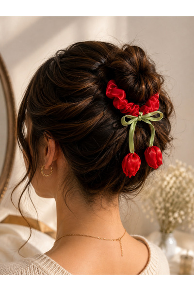Minimal Glow Kırmızı Tül Lale Detaylı Scrunchie Lastik Saç Tokası⁠