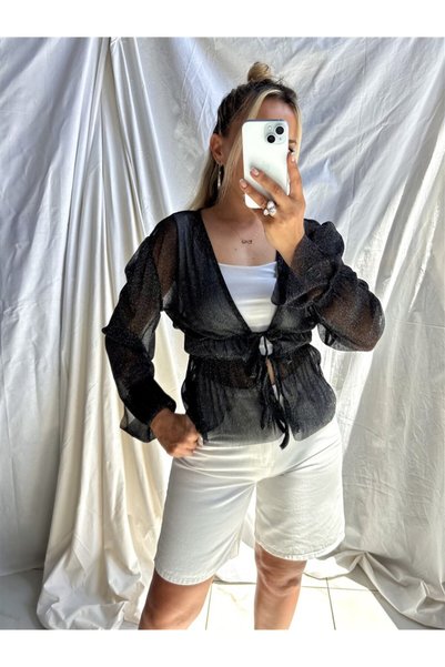 Gözde Tasarım Butik Women's New Season Black Color Long Sleeve Silvery Transparent Tied Blouse