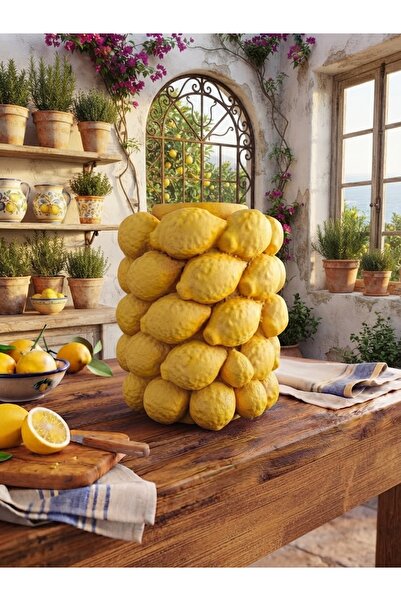 ekinoksart Limon Vazo, 24 cm Limonlu Vazo, Polyester Dekoratif Sarı Limonlu Vazo