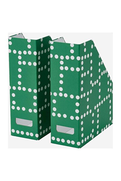 IKEA Magazine File Set of 2 Paperboard 10x25x31 cm Shelf Organiser Green Dotted