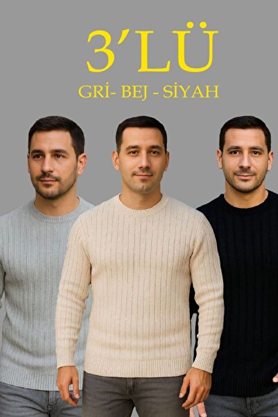 VELİZADE Men's Crew Neck Ribbed Knit Sweater Set of 3 Soft Thick Woven Cotton...