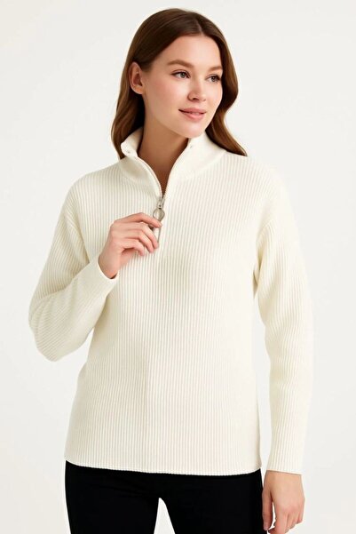 VELİZADE Women's Polo Collar Thessaloniki Knit Half Zipper Knitwear Sweater S...