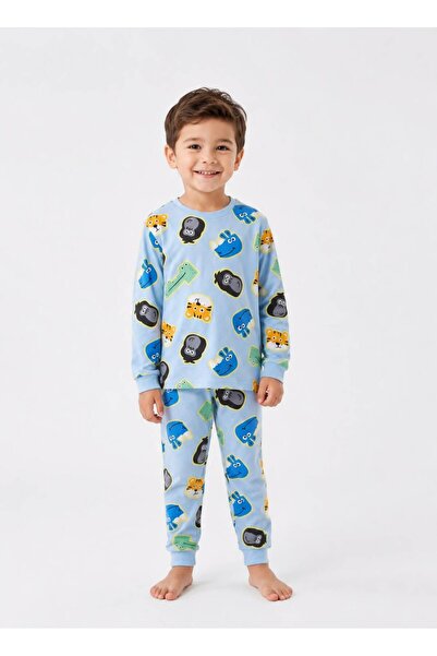 %100 Pamuk Erkek Çocuk Pijama Takımı Hayvan Baskılı 4 Mevsim