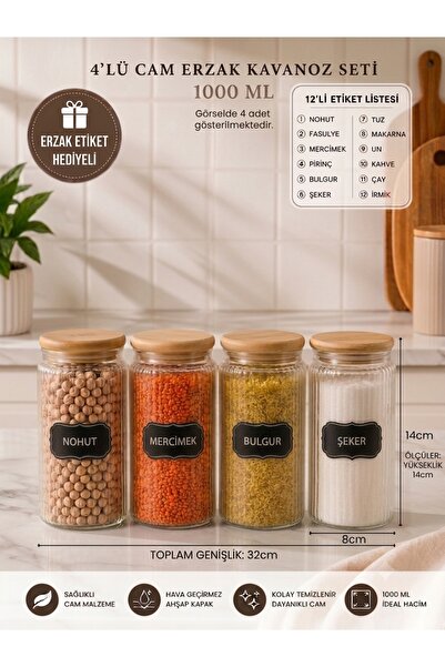 Glass&Grace 4’lü 1000 ML Ahşap Kapaklı Çizgili Cam Kavanoz Seti – Premium Tas...
