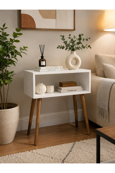 NOVEN Modern Dekoratif Raflı Sehpa – Ahşap Yan Sehpa – Salon ve Oturma Odası