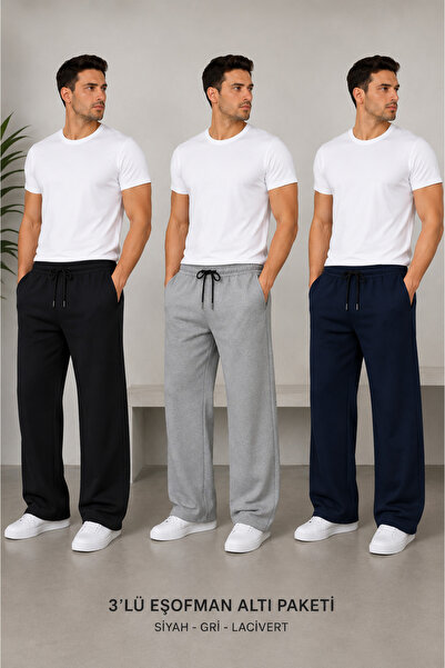 BRACCİX 3-Piece Men's Wide Leg Sweatpants Black Gray Navy Blue Casual Comfort...