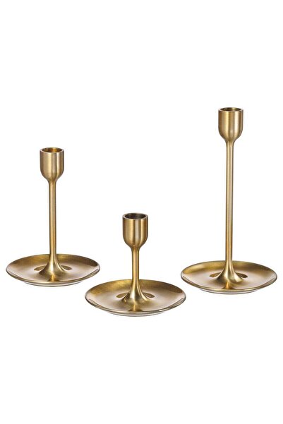 IKEA Three-Piece Aluminium Candlestick Set in Brass Colour, Tiered Heights