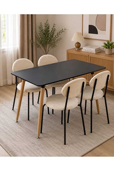 TrentonGCC Modern Dining Table Set with 4 Upholstered Chairs, Black Table wit...