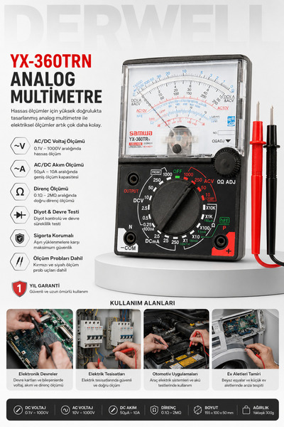 Derwell YX-360TRN Analog Multimetre Avometre; Hassas İbreli Akım Voltaj Diren...