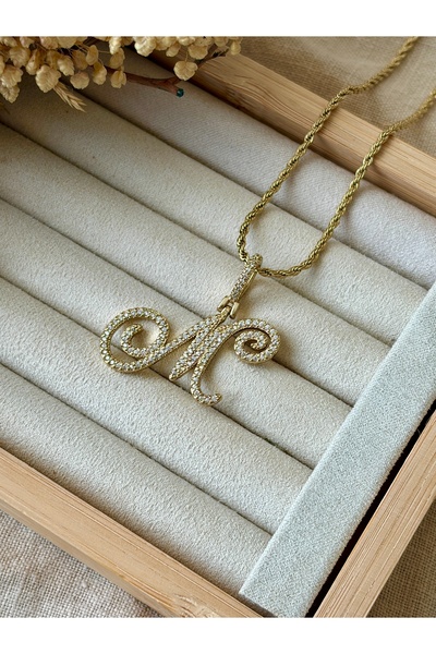 Tiştok accessory KADIN Çelik Kolye Gold Burgu Zincir El Yazısı Kaligrafi Harf...