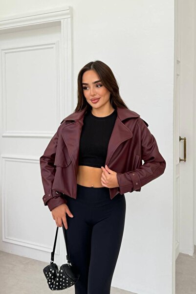 New Season Zr Premium Vatkalı Oversize Kadın Bordo Deri Ceket