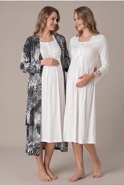 Pelin Women's Ecru Patterned Long Sleeve Lace Robe Maternity Nightgown Robe Set