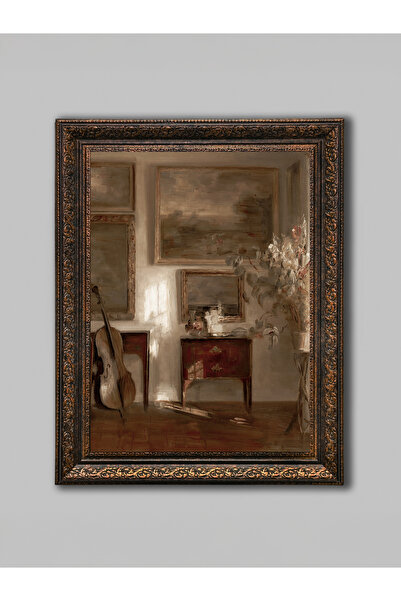 WoodyArts Tablolar ve Çello Bronz Eskitme Çerçeveli Dekoratif Salon Duvar Tab...