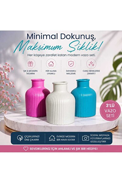 VARKAL 3lü İskandinav Tarzı Bohem Vazo Hediyelik Pinterest Pampas Vazosu Set Vazo Dekoratif Eşya (FUŞYA-BEJ-TURKUAZ)