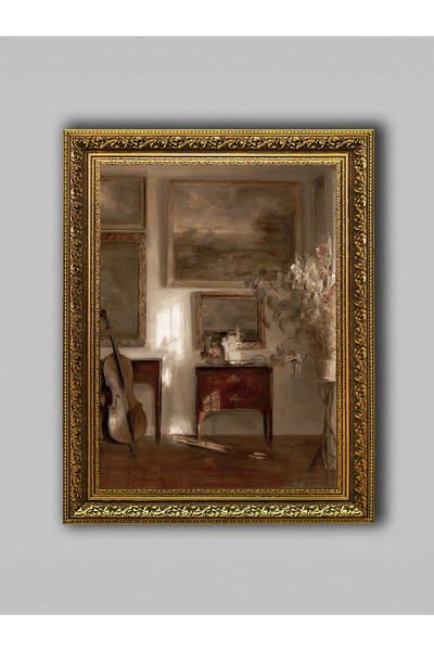 WoodyArts Tablolar ve Çello Altın Eskitme Çerçeveli Dekoratif Salon Duvar Tab...