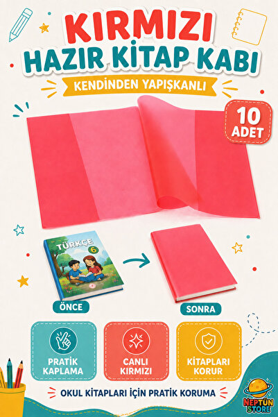 neptünstore Kırmızı Hazır Kendinden Yapışkanlı Kitap Kabı 10 Adet