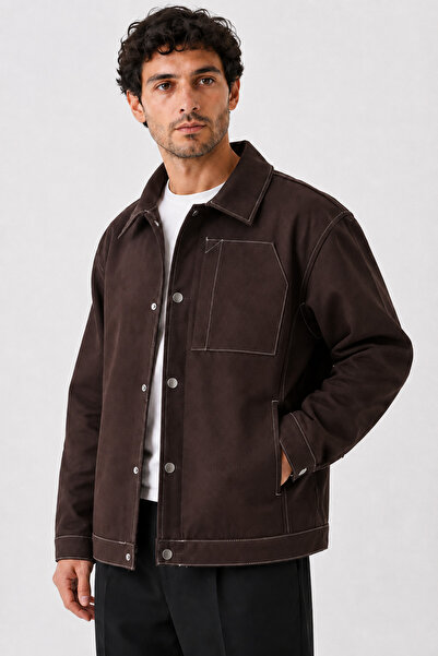 Maison Rae Erkek Kahverengi Premium, Gabardin, Kontrast Dikişli Çıtçıtlı Over...