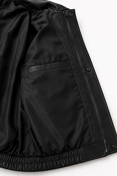 Bossago Jachetă unisex neagră vintage oversize din piele, tip bomber, cu talie elastică