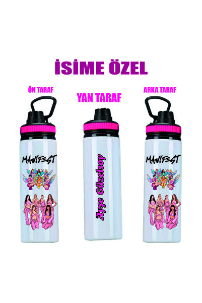 DKDZ SHOP Manifest Çizim Baskılı İsime Özel Metal Suluk 800ml - Pembe