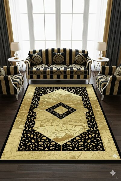 Zarif Siyah Gold Geometrik Madalyonlu Klasik Yıkanabilir Dijital Baskı Halı