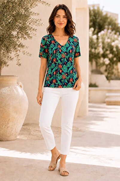Nuevo Women's Navy Blue Tropical Patterned V-Neck Short Sleeve Summer Blouse