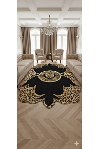 LovisaHome Lacivert Çiçek Desenli Yıkanabilir Dijital Baskı Halı