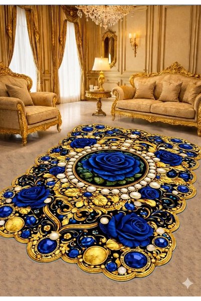SİRA HOME Zarif Lacivert Gold Mavi Gül ve Mücevher Motifli Yıkanabilir Dijita...