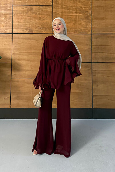 Miss Allos Women's Ruffled Chiffon Blouse and Wide-Leg Pants Two-Piece Set