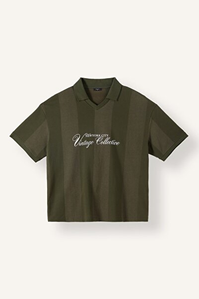 DeFacto Boxy Fit Short Sleeve Polo Neck Striped Printed T-Shirt I4824Ax26Au