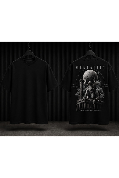 Mentality Atlas Baskılı Kısa Boy Oversize Siyah Unisex Tişört