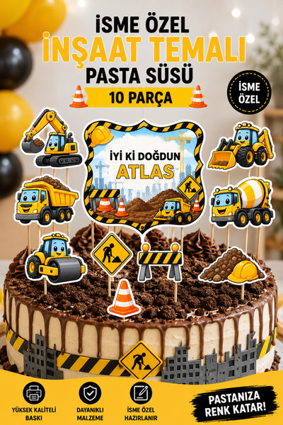 StickerAtölye İsme Özel İş Makineleri İnşaat Temalı Doğum Günü Pasta Süsü – 1...