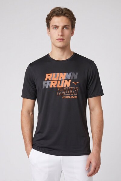 MIZUNO Men Sportswear Fit Short Sleeve Running T-Shirt, Black