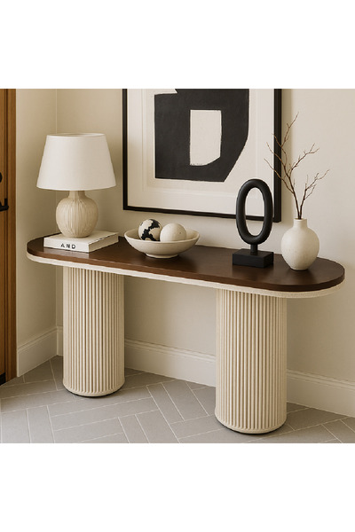 GLAMOURE HOME طاولة كونسول مودرن بيضاوية بقاعدة أسطوانية مضلعة،